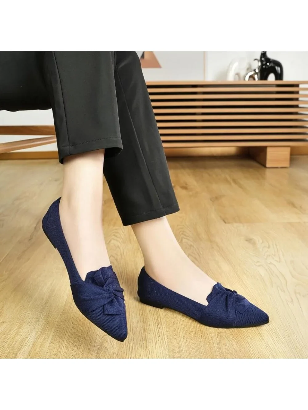 Women's Navy Pointed Toe Ballet Flats with Bow Comfortable Knit Dressy Shoes